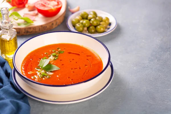 Lemez hagyományos spanyol gazpacho a háttérben összetevők — Stock Fotó