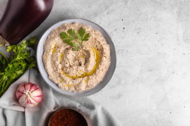 Baba ganoush Levantine mutfak aperatifi fırında patlıcan ve susam ezmesi ile beton bir arka planda zeytinyağı. Boşluğu kopyala