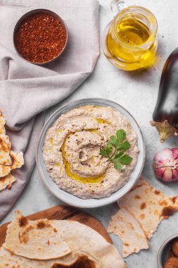 Baba ganoush Levantine mutfak aperatifi fırında patlıcan ve susam ezmesi otlar, baharatlar ve zeytinyağı ve malzemelerle beton bir arka planda pide ekmeği yakın planda.