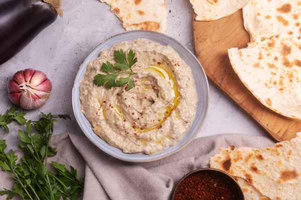 Baba Ganoush Levantine Индийская Кухня Закуска Запеченных Баклажанов Кунжутной Пасты — стоковое фото