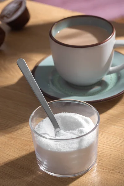 Cuillère Stévia Édulcorante Sur Fond Café Avec Lait Dans Des — Photo