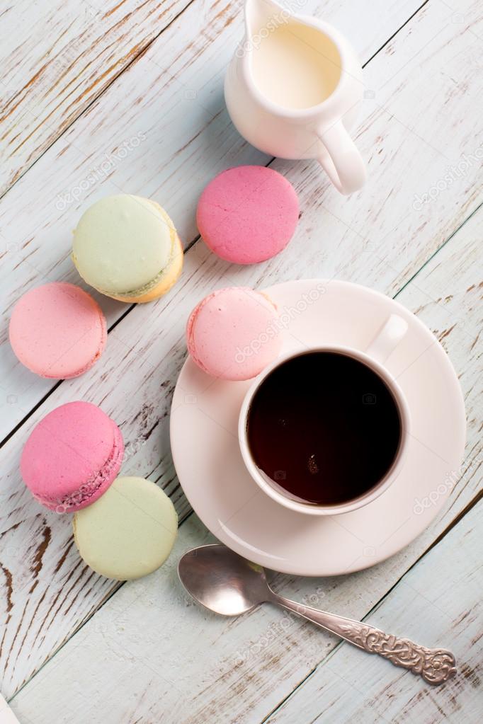 Cup of coffee and macaroons 