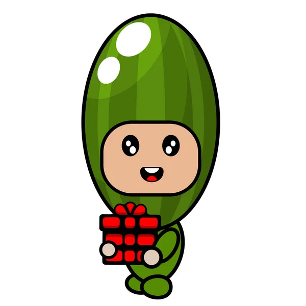 Costume Mascotte Personnage Dessin Animé Vecteur Concombre Légumes Tenant Cadeau — Image vectorielle