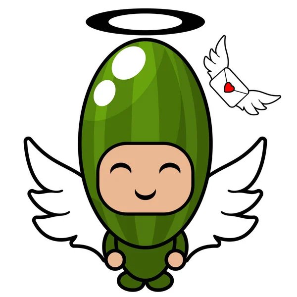 キュウリ野菜ベクトル漫画キャラクターマスコット衣装天使の翼と翼のあるメッセージ — ストックベクタ