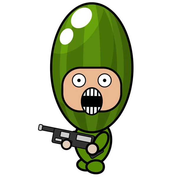 Cucumber Vegetable Cartoon Character Vector Mascot Costume Holding Gun — Stock Vector