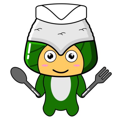 Onigiri şef maskot karakterinin kaşık ve çatal taşıyan bir çizimi.