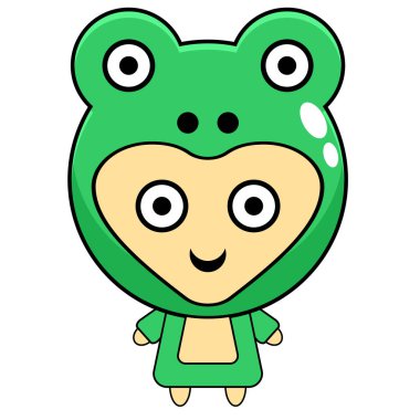 Küçük şirin kurbağa kostümlü çizgi film karakterinin vektör çizimi