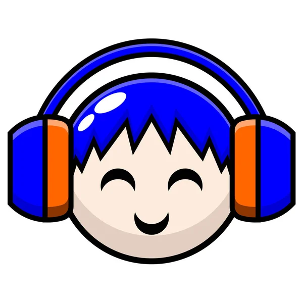 Circle Head Blue Hair Simple Cute Cartoon Vector Listening Music — Stock Vector