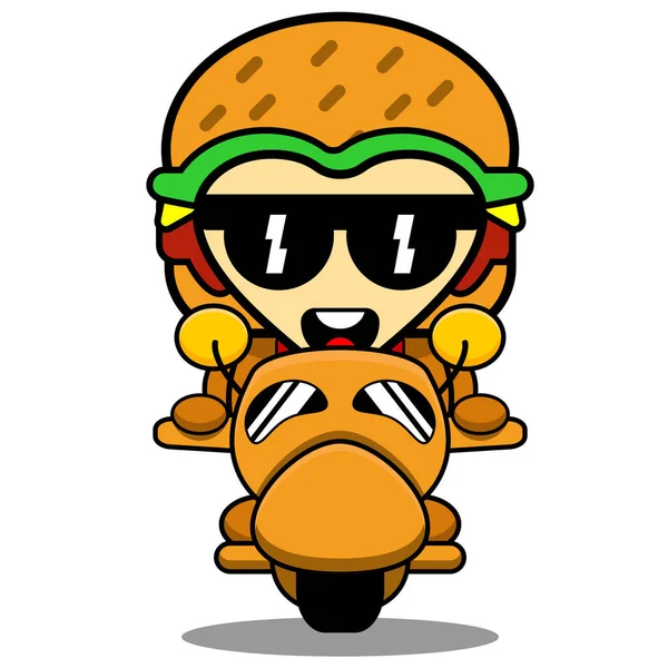 Burger Μασκότ Χαρακτήρα Εικονογράφηση Κινουμένων Σχεδίων Ιππασία Μοτοσικλέτας — Διανυσματικό Αρχείο