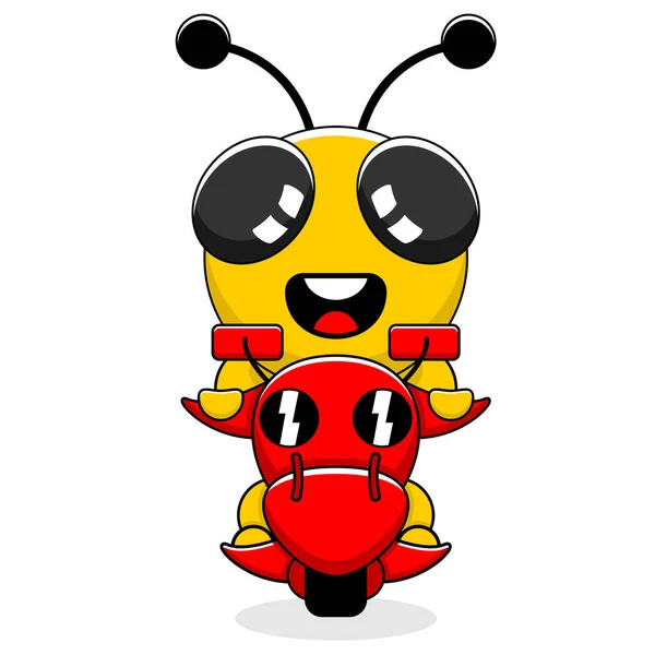 シンプルな蜂のマスコットのキャラクターがバイクに乗って — ストックベクタ