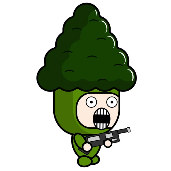 Vector Cartoon Mascot Character Broccoli Vegetable Costume Holding Gun — Stock Vector