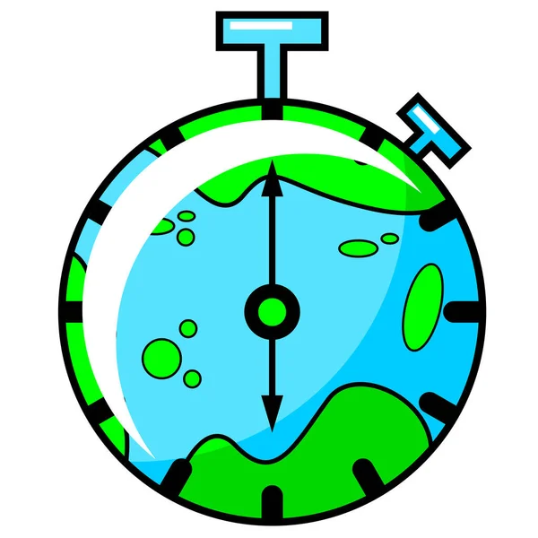 Maskot Kronometre Dünya Haritası Arkaplanının Karikatür Tasarımı Grafiği — Stok Vektör