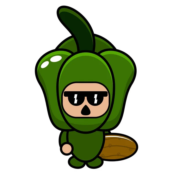 Costume Mascotte Poivron Vert Personnage Dessin Animé Vectoriel Tenant Une — Image vectorielle