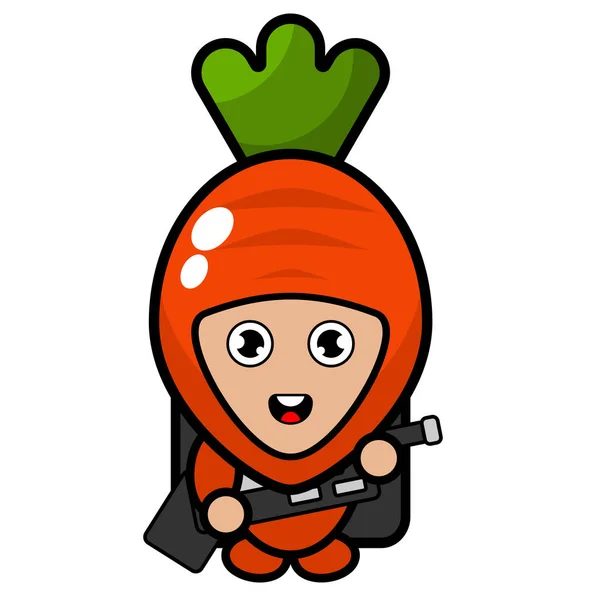 Desenho Animado Vetor Bonito Cenoura Mascote Personagem Carregando Mochila Exército — Vetor de Stock