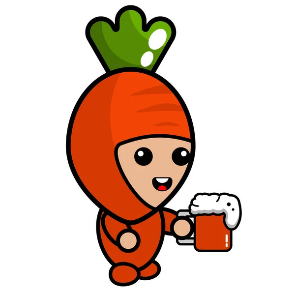 Cartoon Vector Bonito Cenoura Mascote Personagem Beber Suco Cenoura — Vetor de Stock