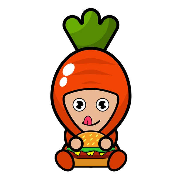Cartoon Vector Bonito Cenoura Mascote Personagem Sentado Comer Hambúrguer — Vetor de Stock