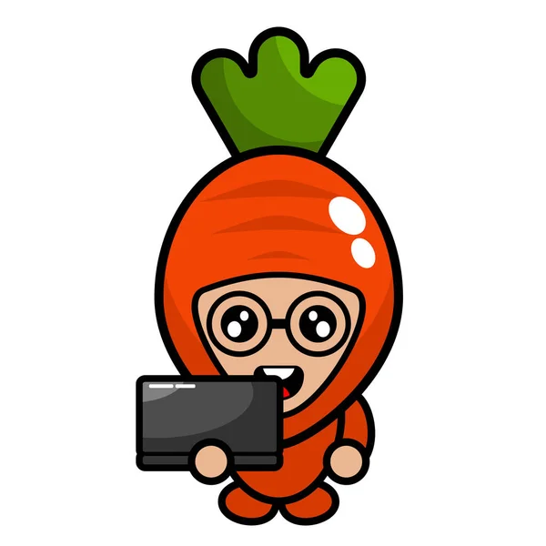 Desenho Animado Vetor Bonito Cenoura Mascote Personagem Trabalhando Segurando Laptop — Vetor de Stock