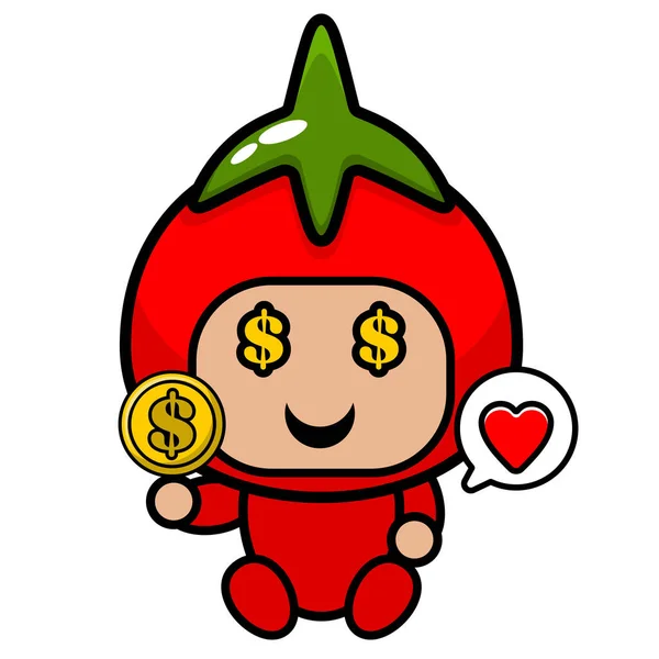 Wektor Kreskówki Cute Pomidor Maskotka Postać Siedzi Trzymając Monety Bąbelki — Wektor stockowy
