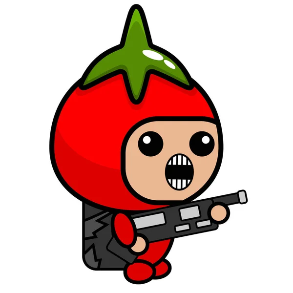矢量卡通人物可爱的西红柿吉祥物服装手持枪 头戴战斗装备袋 — 图库矢量图片