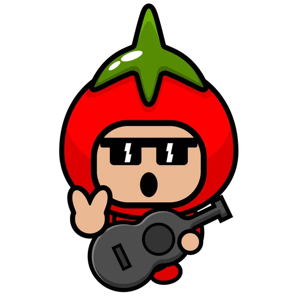 Cartoon Vector Cute Tomato Mascot Costume Character Playing Guitar — Stock Vector