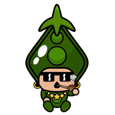 Tatlı Bezelye maskotu kostümlü karakter vektörü sigara içiyor.