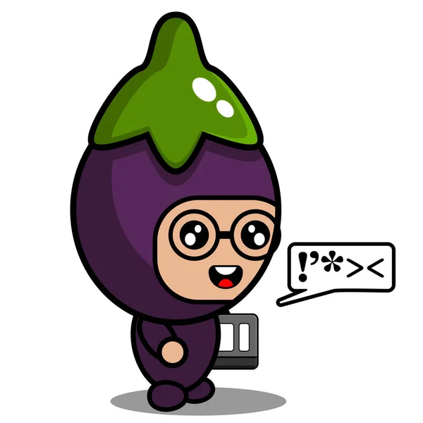 Mignon Aubergine Légume Mascotte Costume Dessin Animé Personnage Vecteur Tenant — Image vectorielle