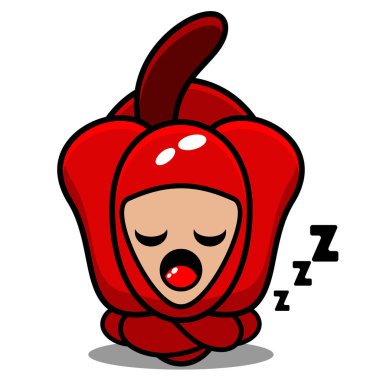 Vektör çizgi film karakteri kırmızı biber sebze maskotu kostümü midesinde uyuyordu.