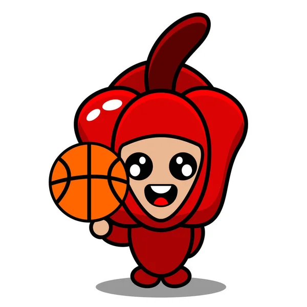 Vector Cartoon Character Red Pepper Vegetable Mascot Costume Holding Basketball — Stock Vector