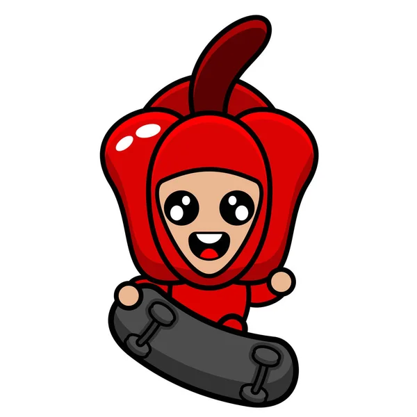 Vetor Personagem Desenho Animado Pimenta Vermelha Mascote Vegetal Traje Skate — Vetor de Stock