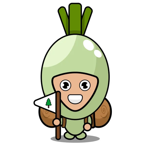 Vector Cartoon Bonito Primavera Cebola Vegetal Mascote Personagem Carregando Saco — Vetor de Stock