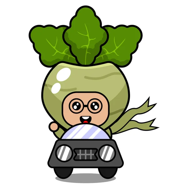 Διάνυσμα Χαριτωμένο Kohlrabi Μασκότ Λαχανικών Χαρακτήρα Κινουμένων Σχεδίων Οδήγηση Αυτοκινήτου — Διανυσματικό Αρχείο