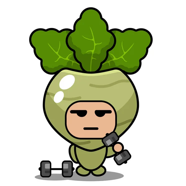 Cute Kohlrabi Mascot Vegetable Cartoon Character Vector Lifting Barbell — Stock Vector