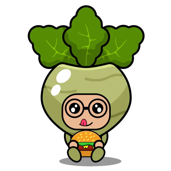 かわいいKohlrabiマスコット野菜漫画のキャラクターベクトル座って食べるハンバーガー — ストックベクタ