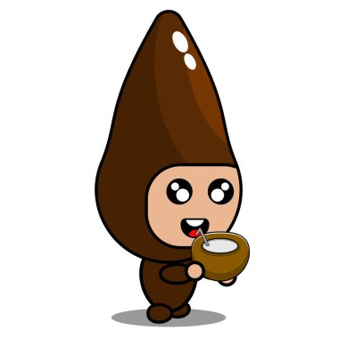 Çizgi film maskotu kostüm vektörü şirin kasava sebze karakteri hindistan cevizi içen