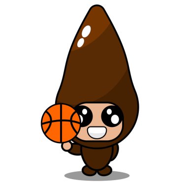 Çizgi film maskotu kostüm vektörü şirin kasava sebze karakteri elinde basketbol topu tutuyor