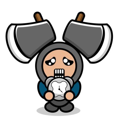 Vektör çizgi film karakteri maskotu kostümü iki balta sevimli karalama tutma zamanı