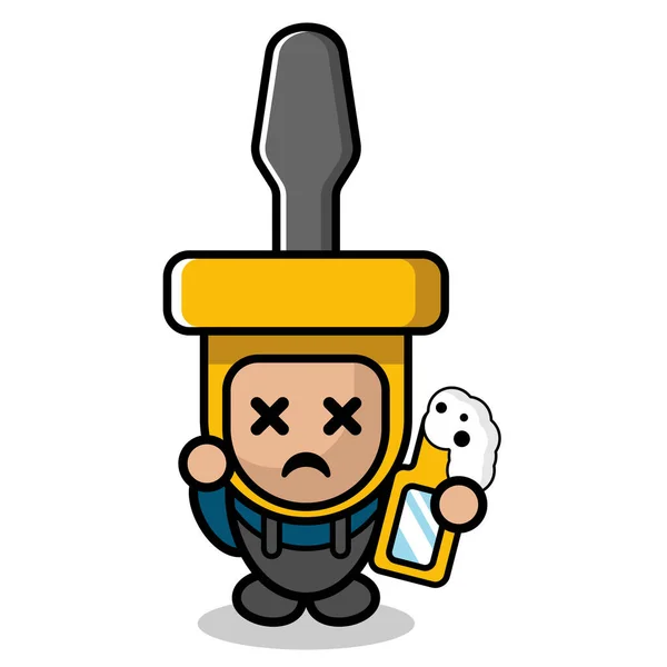 Vector Simple Cute Cartoon Character Screwdriver Doodle Mascot Costume Holding — Stock Vector