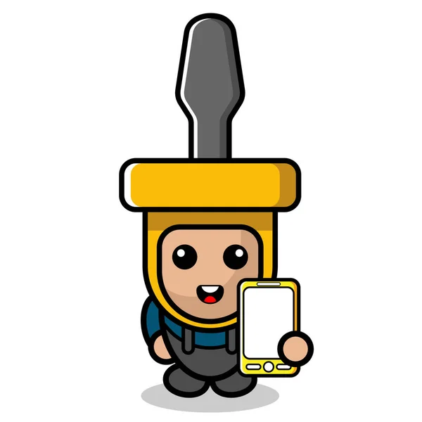 Vetor Simples Bonito Personagem Desenho Animado Chave Fenda Doodle Mascote — Vetor de Stock