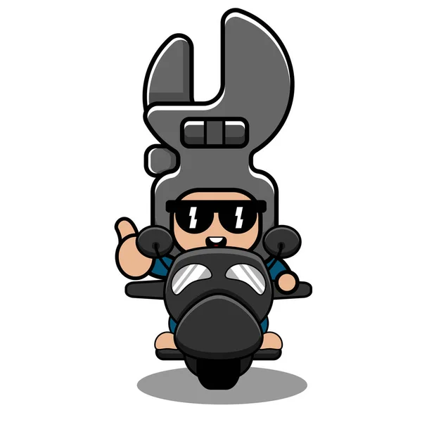 ベクトル漫画のキャラクターの人形スパナ機械的なツール面白いマスコットの衣装バイクに乗る — ストックベクタ