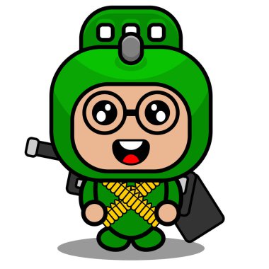 vektör karikatür şirin karalama mermisi mermiler ve silahlar taşıyan maskot kostümlü karakter ordusu.