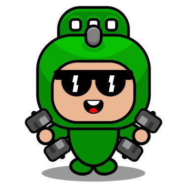 vektör çizgi film sevimli karalama yuvarlanan raptiye maskotu kostüm karakter halter kaldırıyor