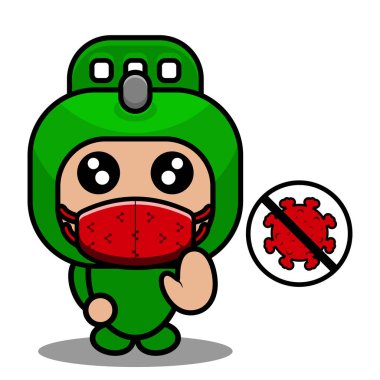 Vektör karikatür, yuvarlak, yuvarlak, maske takan, maskot.