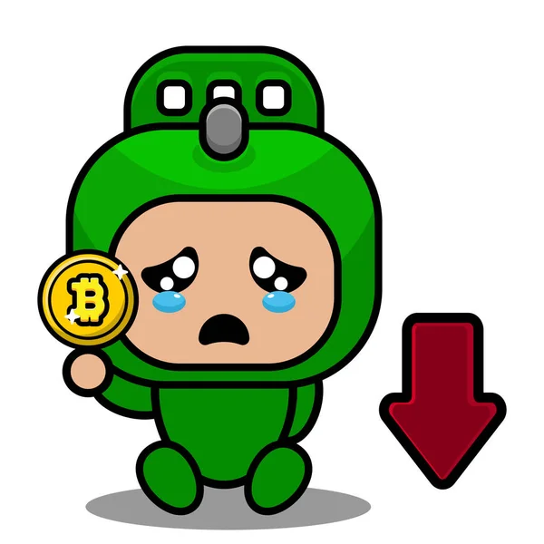 Wektor Kreskówki Cute Doodle Toczenia Pin Maskotka Kostium Postać Bitcoin — Wektor stockowy