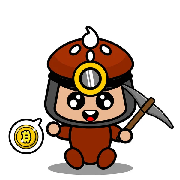 Vector Cartoon Karakter Doodle Taart Schattig Mascotte Kostuum Mijnbouw Bitcoin — Stockvector