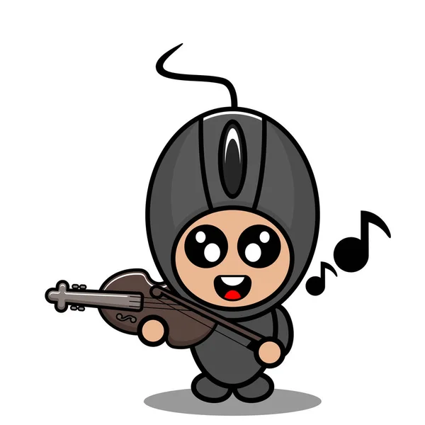 ドードルベクトル漫画キャラクターかわいいコンピュータマウスマスコット衣装バイオリンを演奏 — ストックベクタ