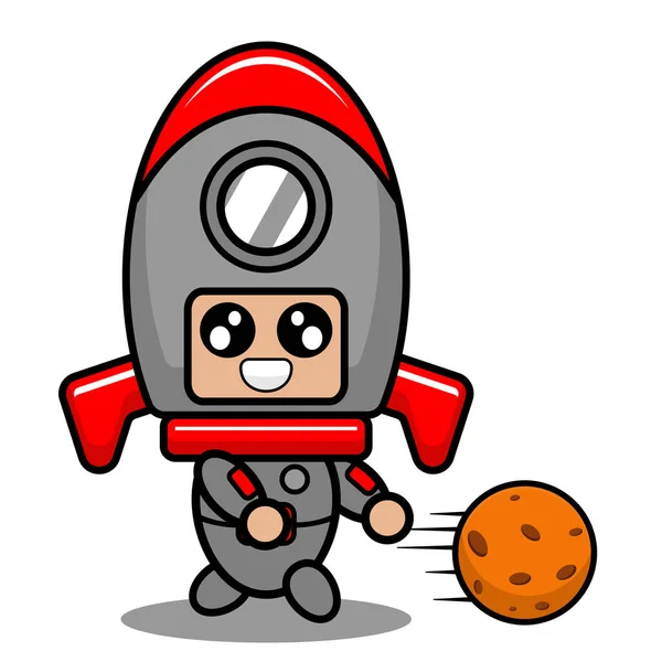 Vector Cartoon Character Cute Space Rocket Mascot Costume Playing Soccer — Stock Vector