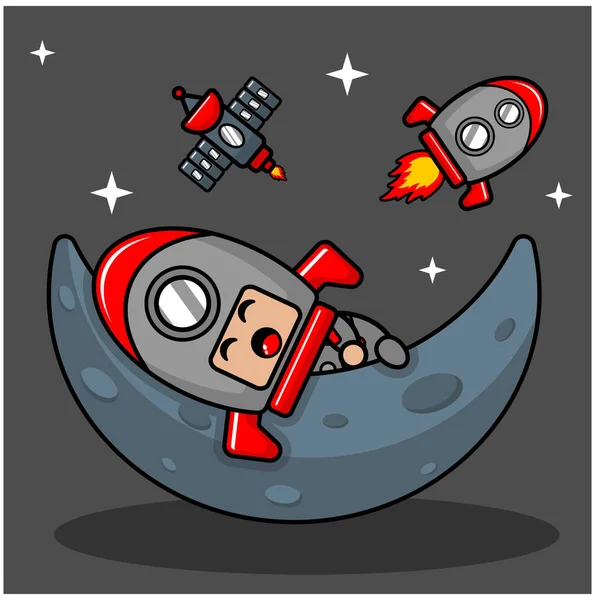 Vector Cartoon Character Cute Space Rocket Mascot Costume Sleeping Planet — Stock Vector