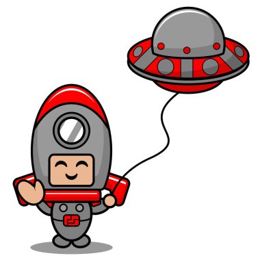 vektör çizgi film sevimli uzay roketi maskotu UFO tutan karakter