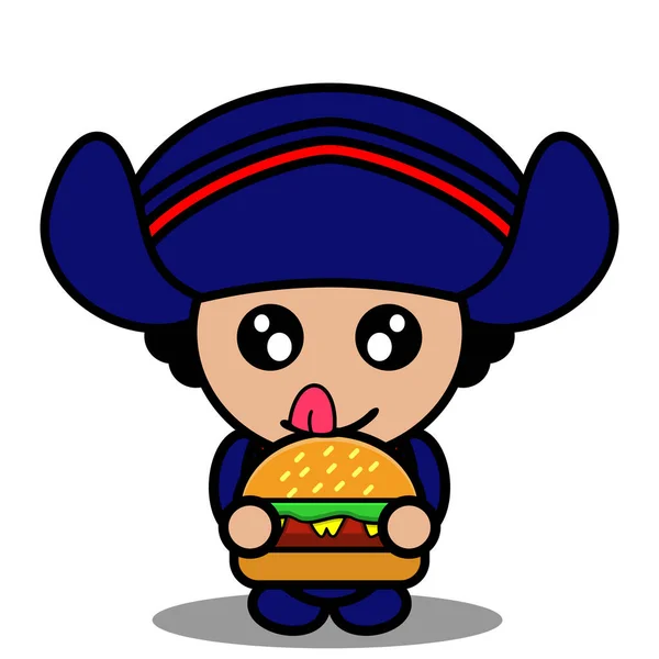 Vector Dibujos Animados Personaje Lindo Traje Mascota Columbus Comer Hamburguesa — Vector de stock