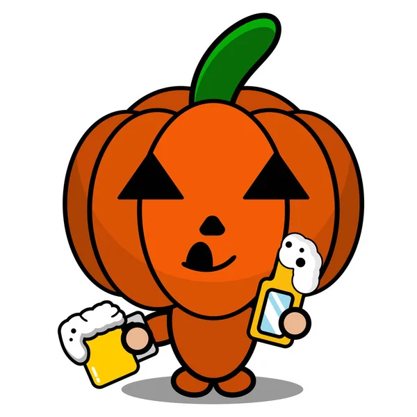 Lindo Halloween Mascota Calabaza Dibujos Animados Carácter Vector Ilustración Beber — Archivo Imágenes Vectoriales